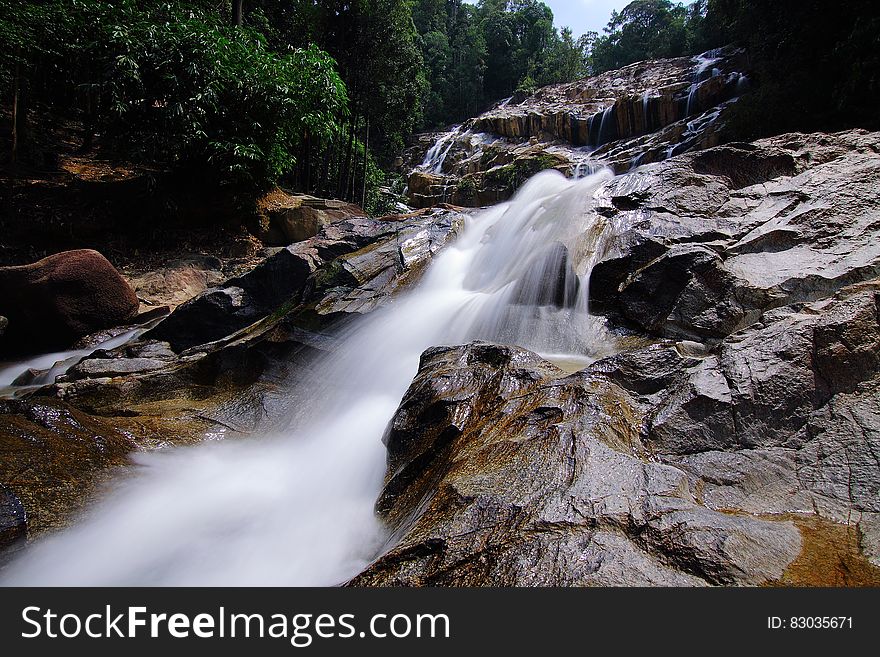 Waterfalls on Rocks Surrounded by Trees