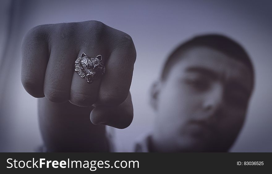 A close up of a man`s fist with lion head ring.