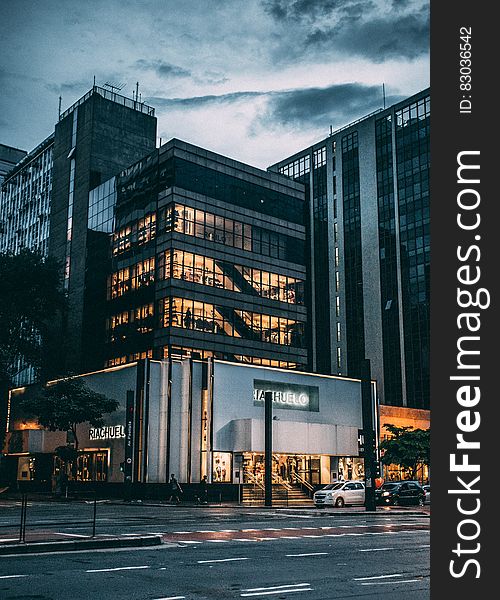 Black High Rise Building Under Grey and White Sky during Night Time