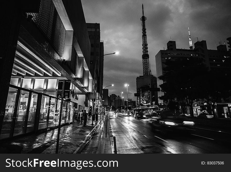 Car On Road Grayscale Photo