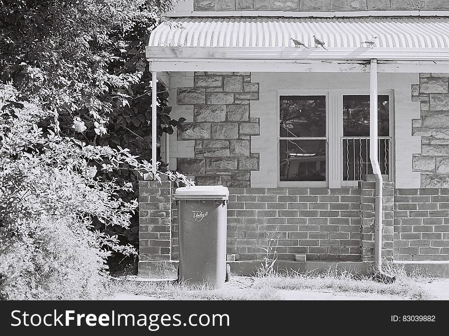 Exterior of brick and stone house with trees along backyard in black and white. Exterior of brick and stone house with trees along backyard in black and white.