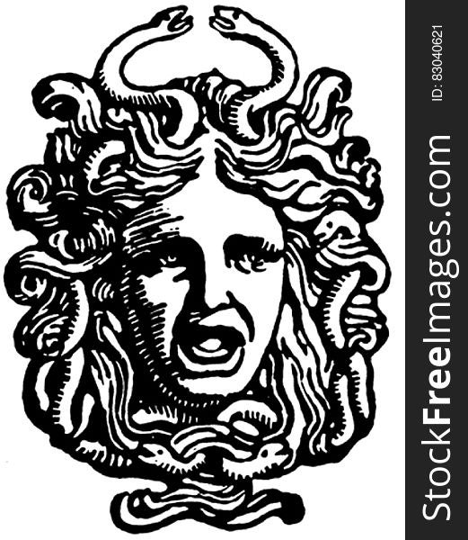 Black and white illustration of snakes on head of Medusa.