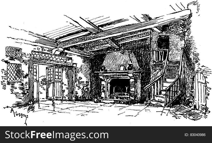 Black and white ink illustration of living room interior with fireplace. Black and white ink illustration of living room interior with fireplace.