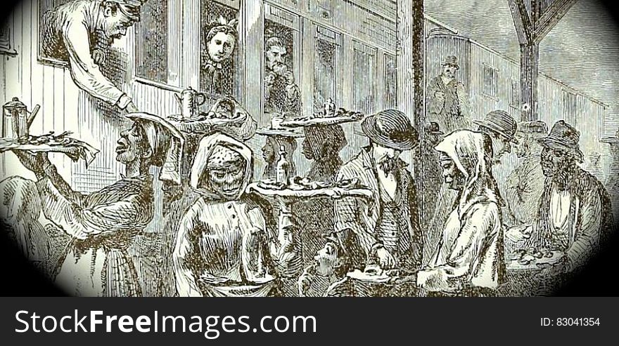 Black and white illustration of vendors selling food and drink to passengers on train. Black and white illustration of vendors selling food and drink to passengers on train.