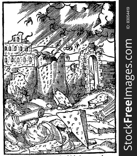 Black and white ink illustration of destruction in ancient city. Black and white ink illustration of destruction in ancient city.