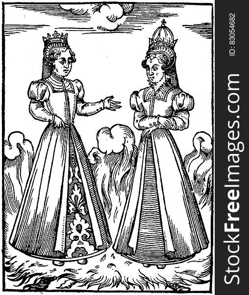 Black and white ink illustration of two medieval royalty in gowns and crowns.