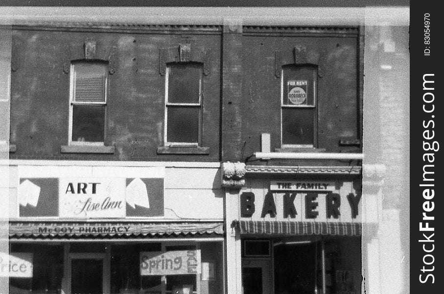 Signs over storefronts in downtown Belleville circa 1970 in black and white. Signs over storefronts in downtown Belleville circa 1970 in black and white.