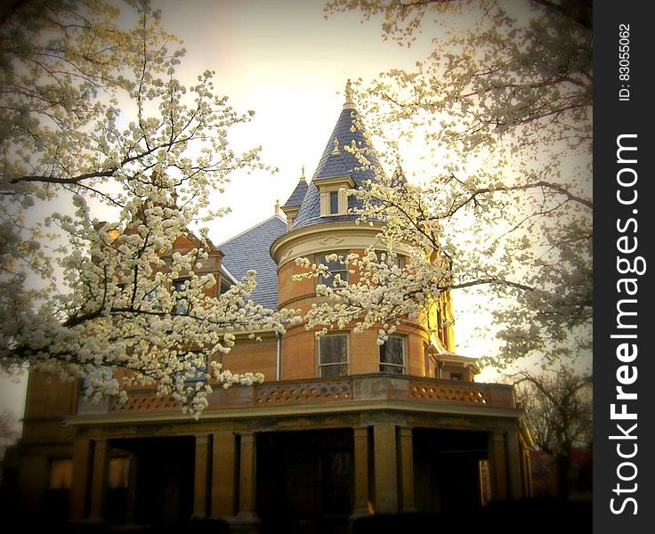 Exterior of yellow Victorian house through flowering tree branches. Exterior of yellow Victorian house through flowering tree branches.