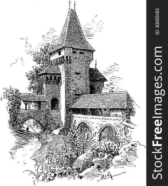Black and white illustration of castle walls and turret with bridge crossing moat. Black and white illustration of castle walls and turret with bridge crossing moat.
