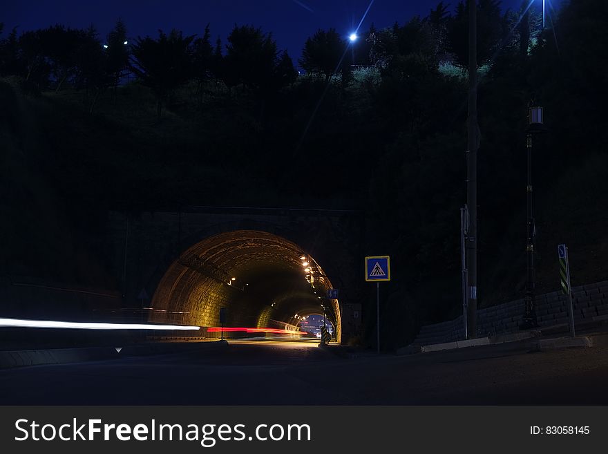 Time Laps Photography of Car Tunnel With Trees during Night Time