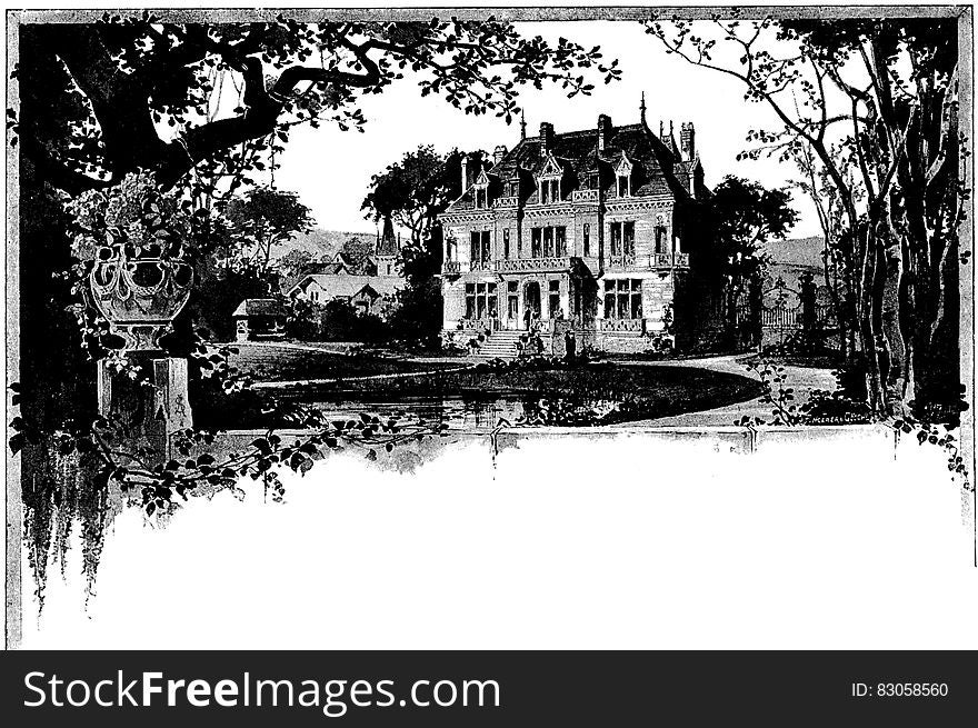 Black and white ink drawing of country estate and grounds with reflecting pool. Black and white ink drawing of country estate and grounds with reflecting pool.