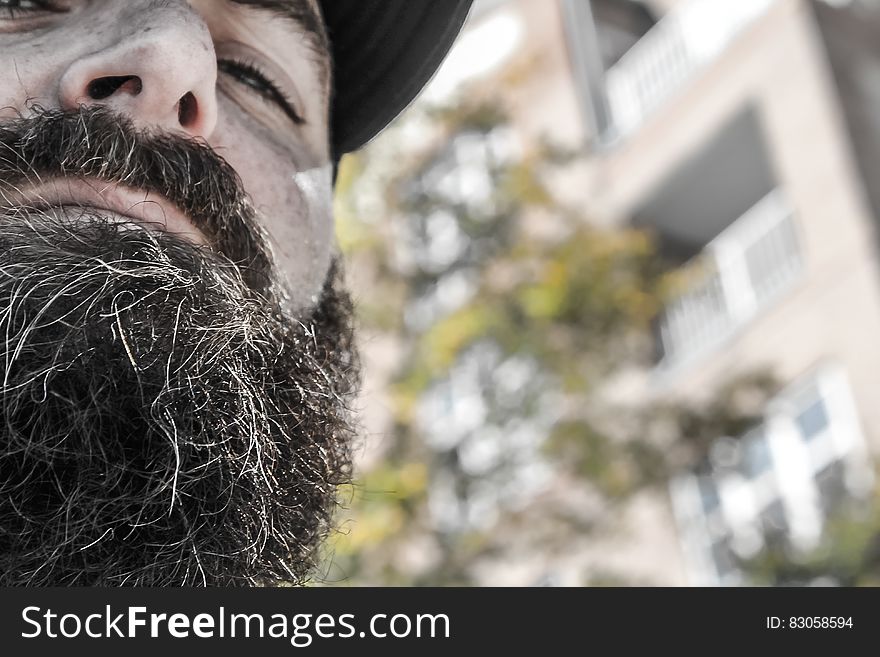 Selfie style photo of man outdoors with long beard. Selfie style photo of man outdoors with long beard.