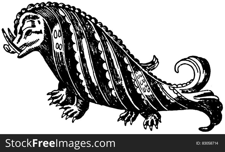 Illustration of scary sea monster with four feet with claws, fishy, tail, and two horn-like teeth sticking out of its mouth.