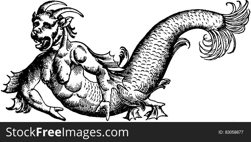Black and white ink illustration of half man half animal creature with tail and horns. Black and white ink illustration of half man half animal creature with tail and horns.