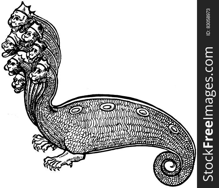 Black and white ink illustration of mythical creature with many heads. Black and white ink illustration of mythical creature with many heads.