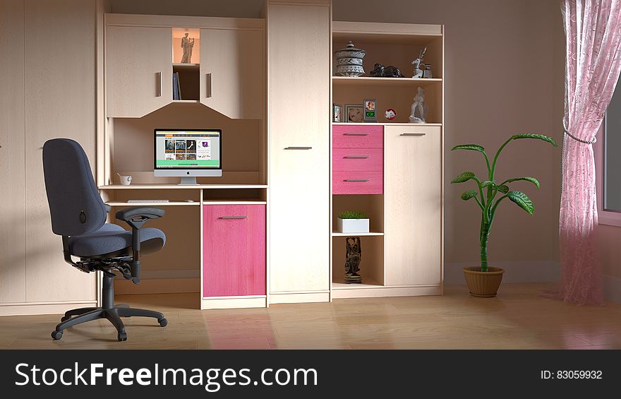 Pink and Brown Wooden Computer Desk Hutch