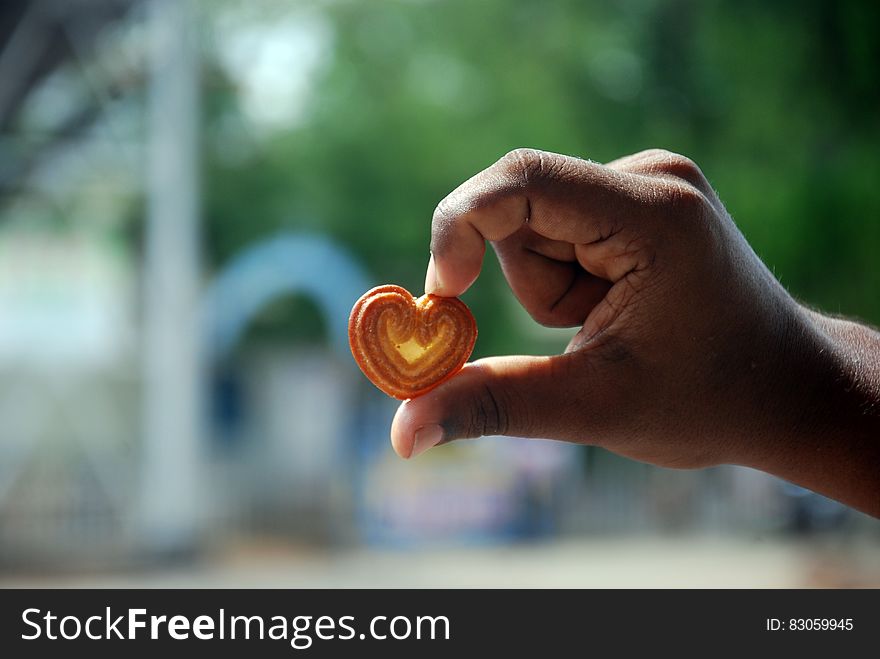 Hand holding orange heart shaped cookie outdoors on sunny day. Hand holding orange heart shaped cookie outdoors on sunny day.