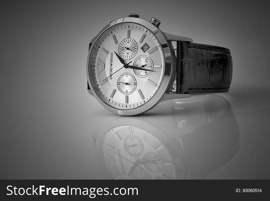 Black Leather Strap Silver Chronograph Watch