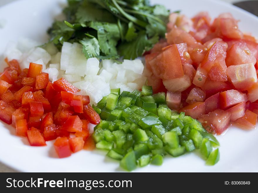 Chopped fresh peppers, onions, tomatoes and cilantro on white china plate. Chopped fresh peppers, onions, tomatoes and cilantro on white china plate.