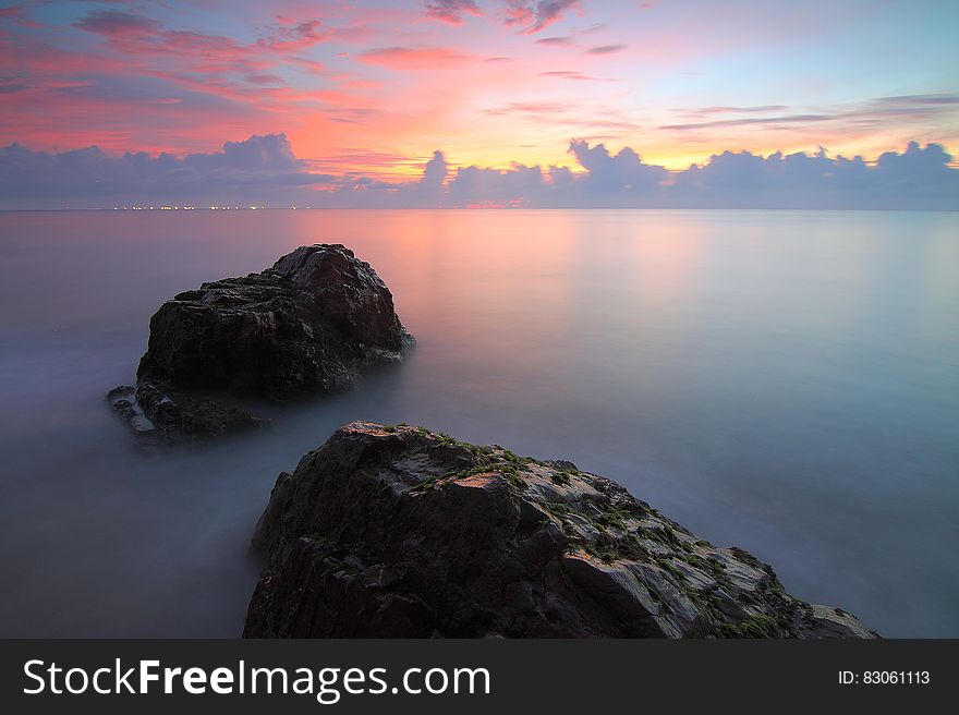 Aerial view of sea islands at dusk.