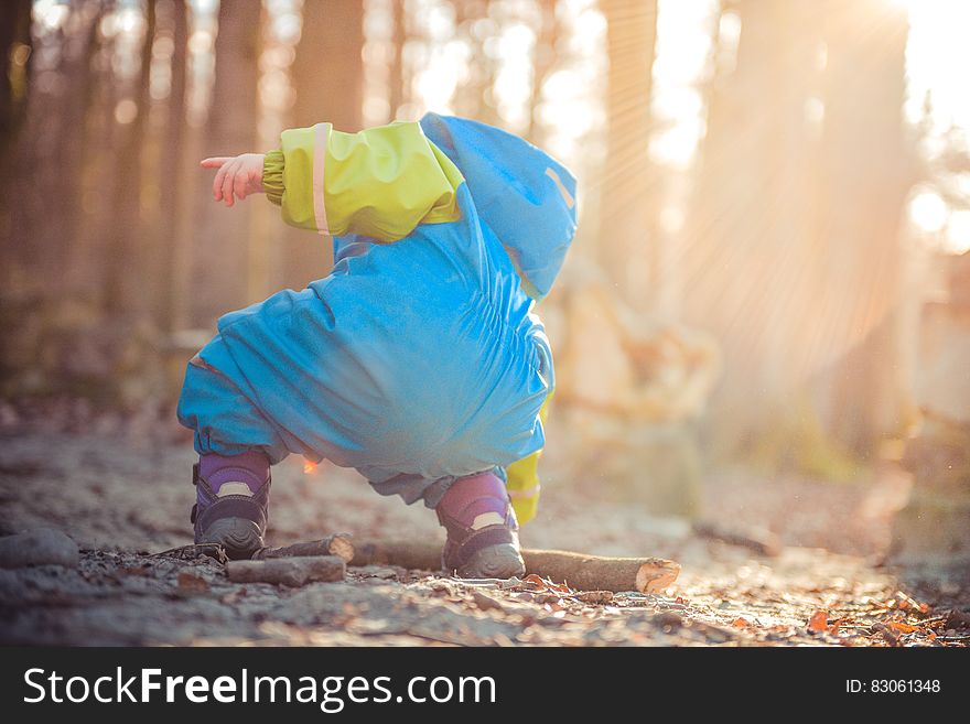 Baby Wearing Blue and Green Rain Coat Picking Brown Dead Tree Branch during Daytime