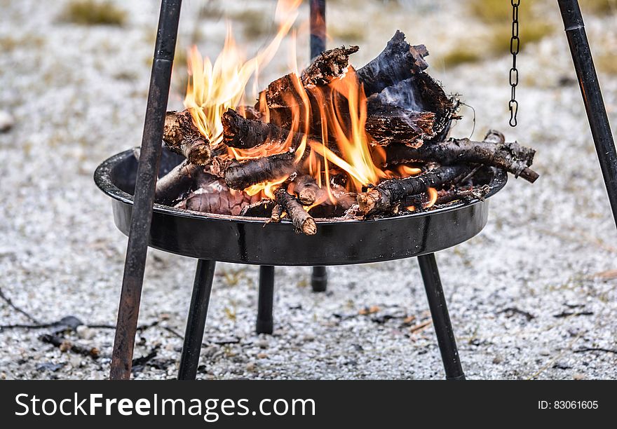 Firewood Burning In Black Steel Round Tray