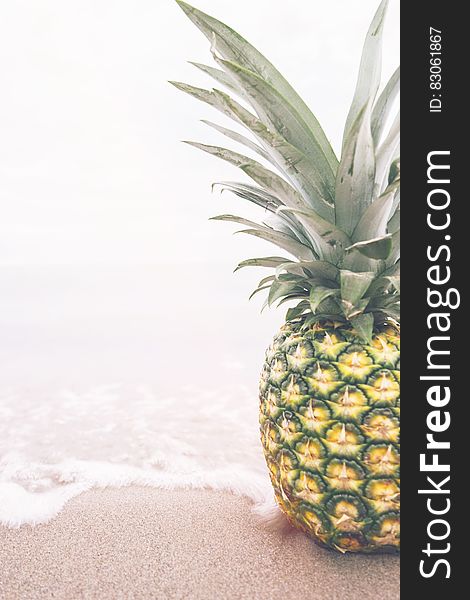 Fresh whole ripe pineapple on sandy beach with ocean waves. Fresh whole ripe pineapple on sandy beach with ocean waves.