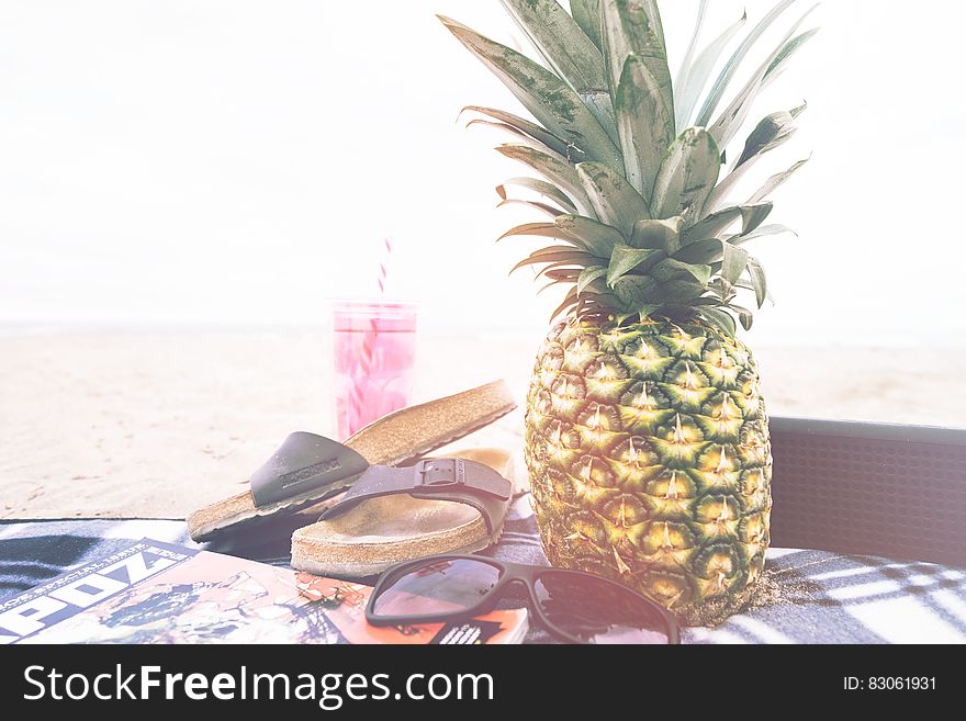 Pineapple with sandals and sunglasses on beach blanket on sunny day. Pineapple with sandals and sunglasses on beach blanket on sunny day.