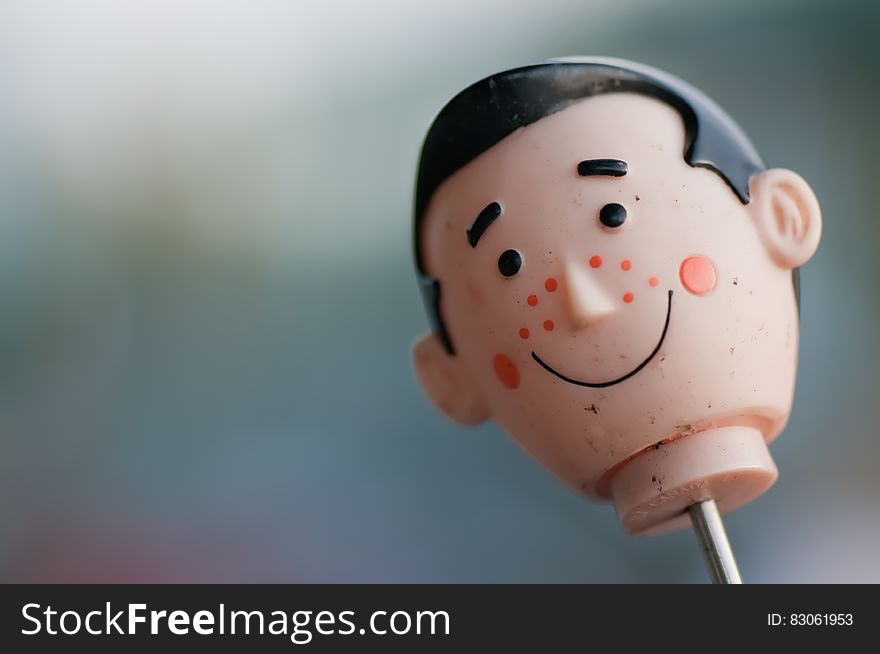 Close up of plastic male toy head on metal rod. Close up of plastic male toy head on metal rod.
