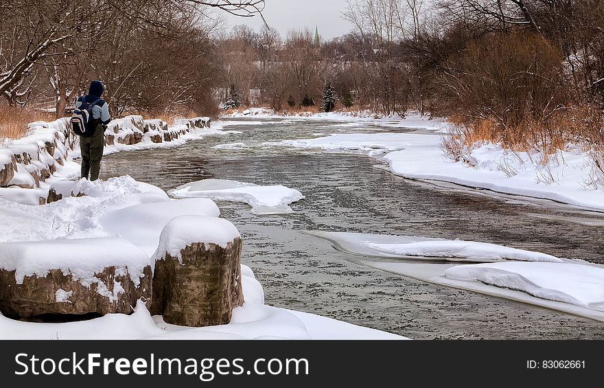 Man at the Side of Snowy River Surrounded Trees