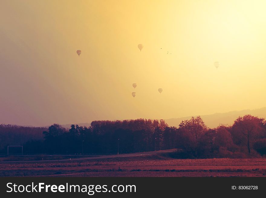 Hot air balloons over rural countryside at sunrise. Hot air balloons over rural countryside at sunrise.