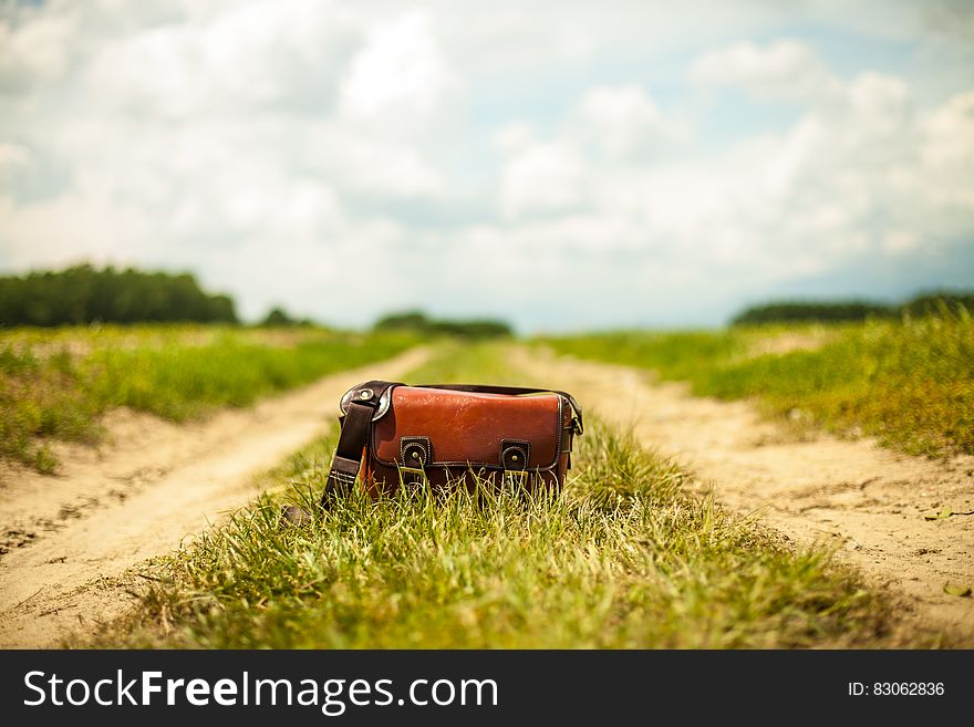 Leather bag on country road