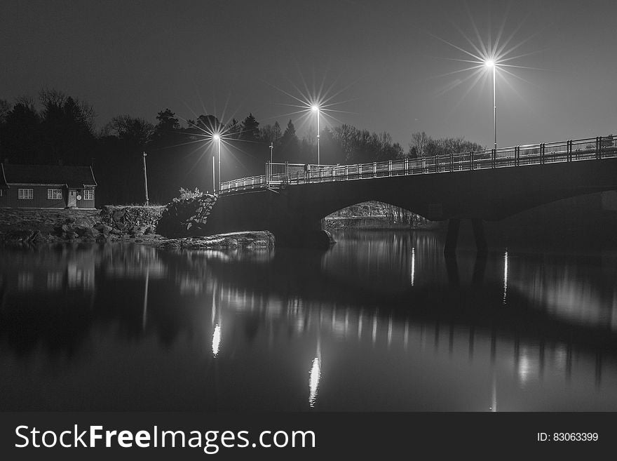 Grayscale Photo of Bridge at Night