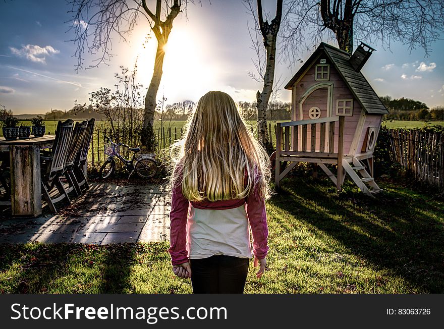 Rear view of young girl stood in garden looking at sunshine over countryside fields. Rear view of young girl stood in garden looking at sunshine over countryside fields.