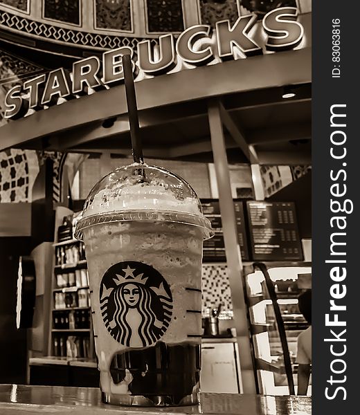 Starbucks Stall Grayscale Photo