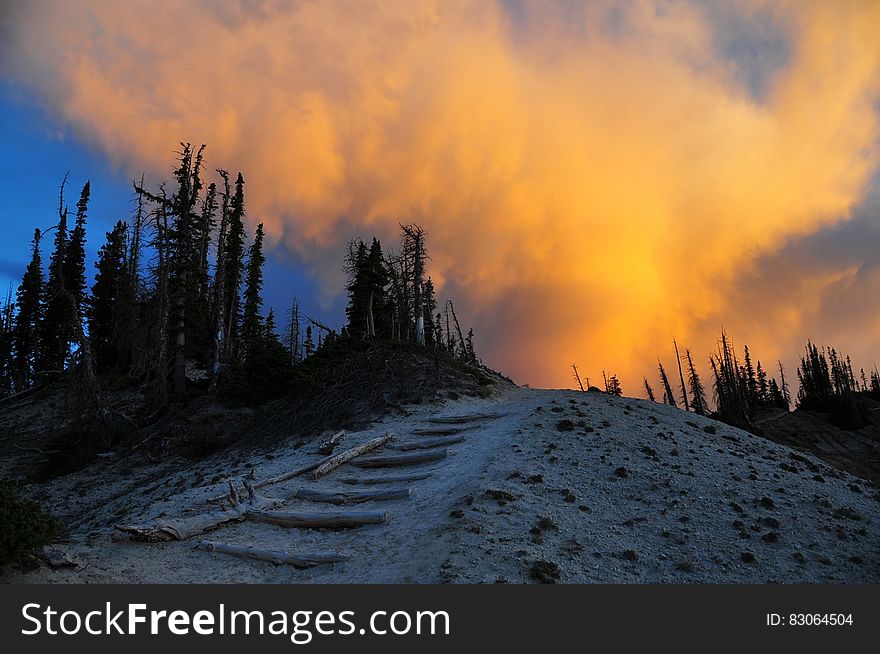 Path leading up sandy hillside against sunset on horizon. Path leading up sandy hillside against sunset on horizon.