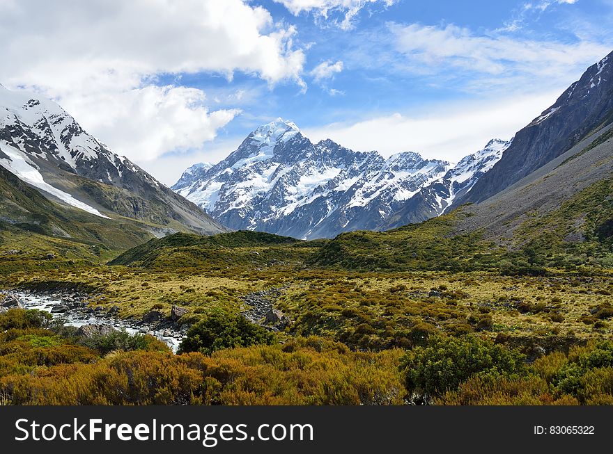 Green Trees Snowy Mountains during Blue Sunny Cloudy Sky