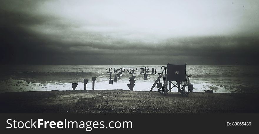 Grey Scale Photograph of Wheel Chair Near Water Sea