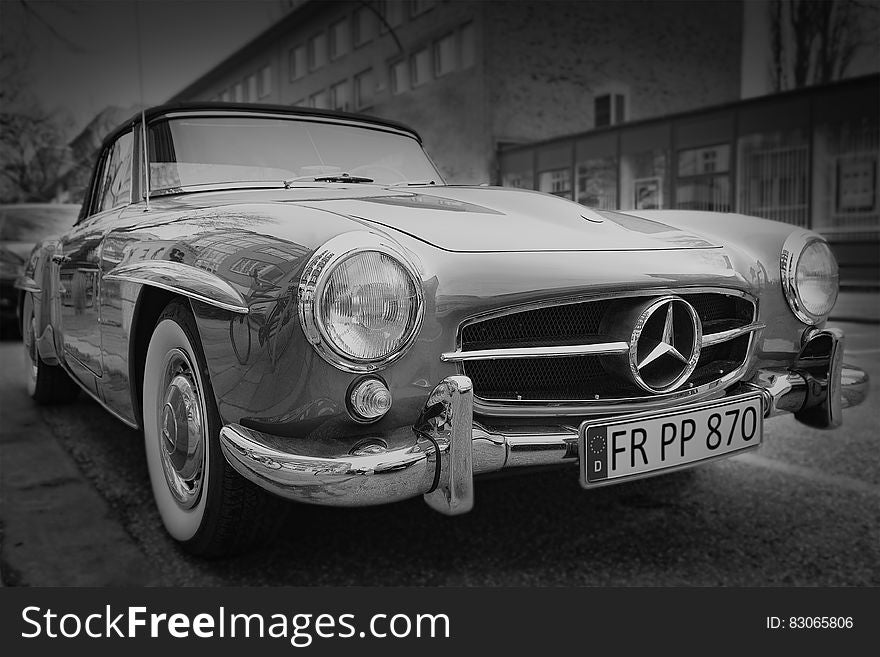 Grayscale Photography of Classic Mercedes Benz Car