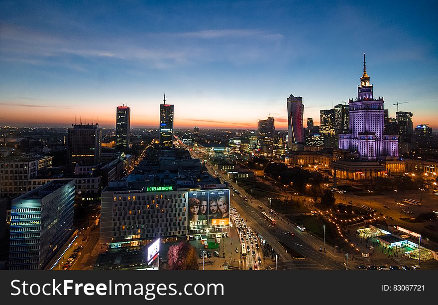 A panoramic view of Warsaw, Poland at dusk. A panoramic view of Warsaw, Poland at dusk.