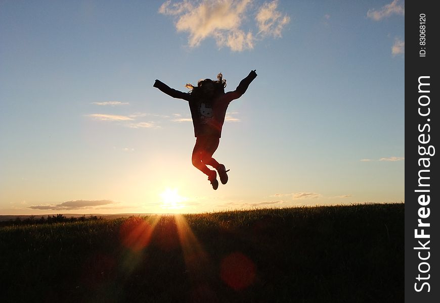 Silhouette Photo Of A Person Jumping Nearby Green Grass Field During Golden Hour