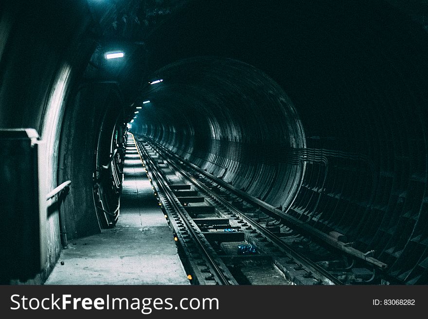 Empty Train Rail With Light