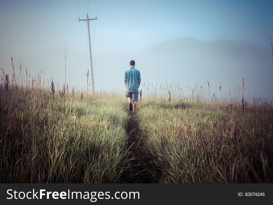 Man walking down path through meadow on sunny day. Man walking down path through meadow on sunny day.