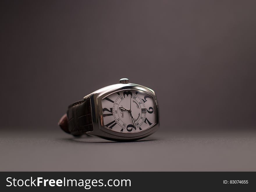 Black Leather Strap Silver Rectangular Analog Watch