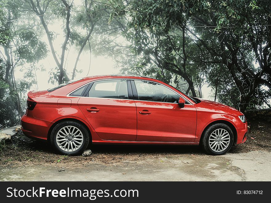 Red Sedan Near Green Trees during Day Time