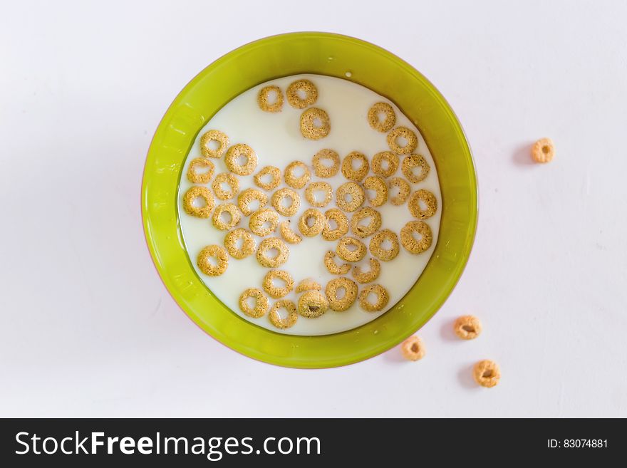 A bowl of cereal and milk.