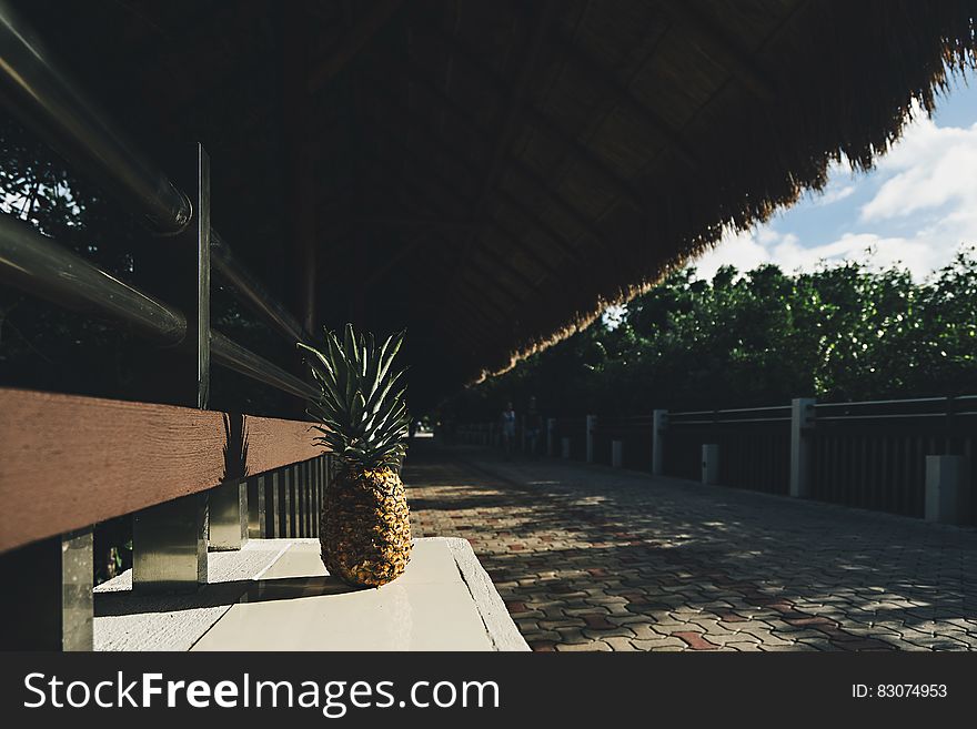 Fresh whole ripe pineapple on wooden bench under thatched roof cabana. Fresh whole ripe pineapple on wooden bench under thatched roof cabana.