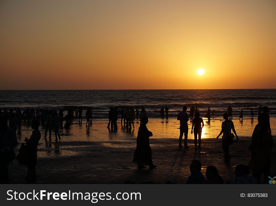 Silhouettes of People on Beach at Sunset