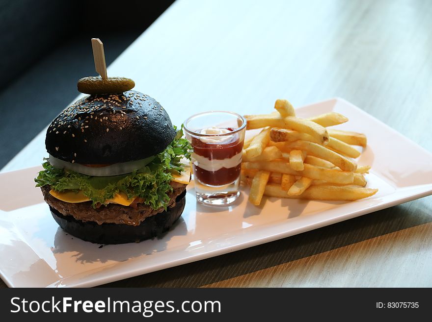 French Fries With Dip on Shot Glass and Black Buns Burger Platter