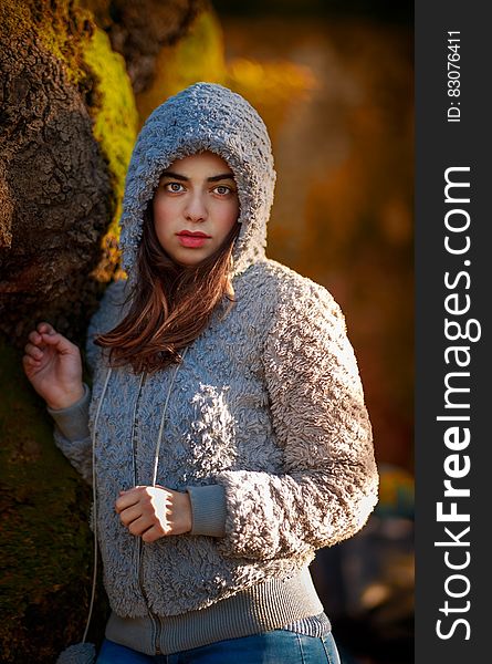 Woman Wearing Gray Wool Hoodie